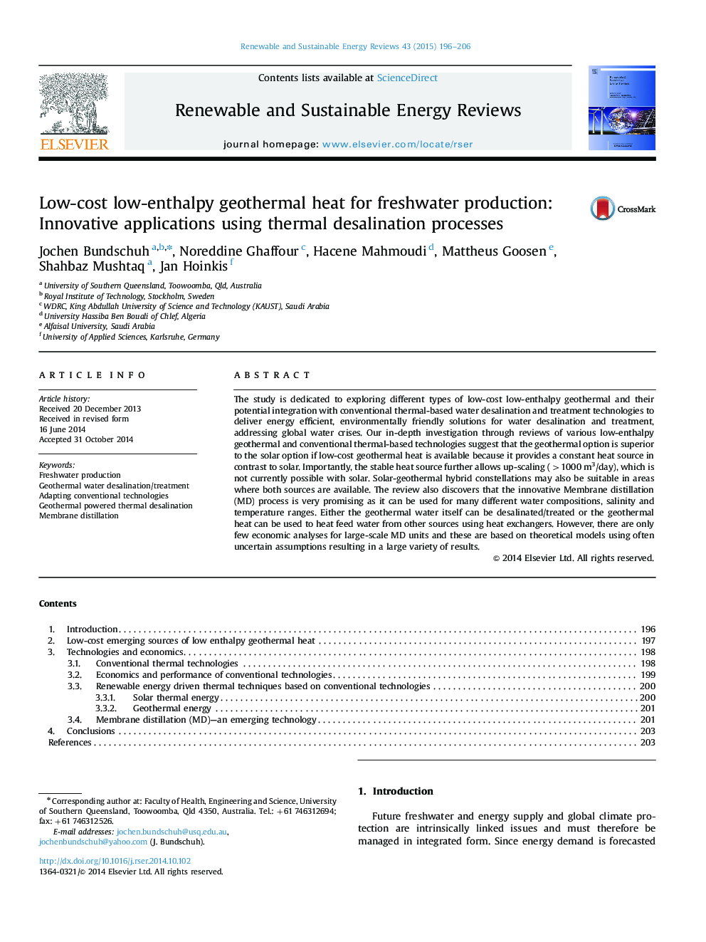 Low-cost low-enthalpy geothermal heat for freshwater production: Innovative applications using thermal desalination processes