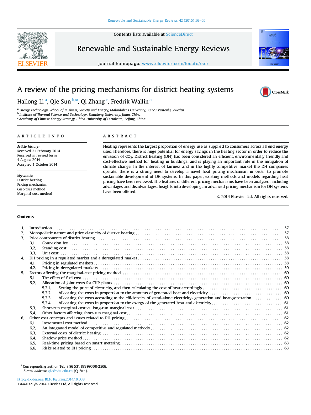 A review of the pricing mechanisms for district heating systems