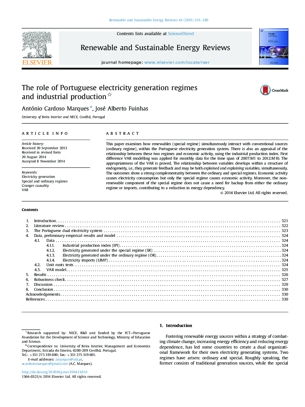 The role of Portuguese electricity generation regimes and industrial production