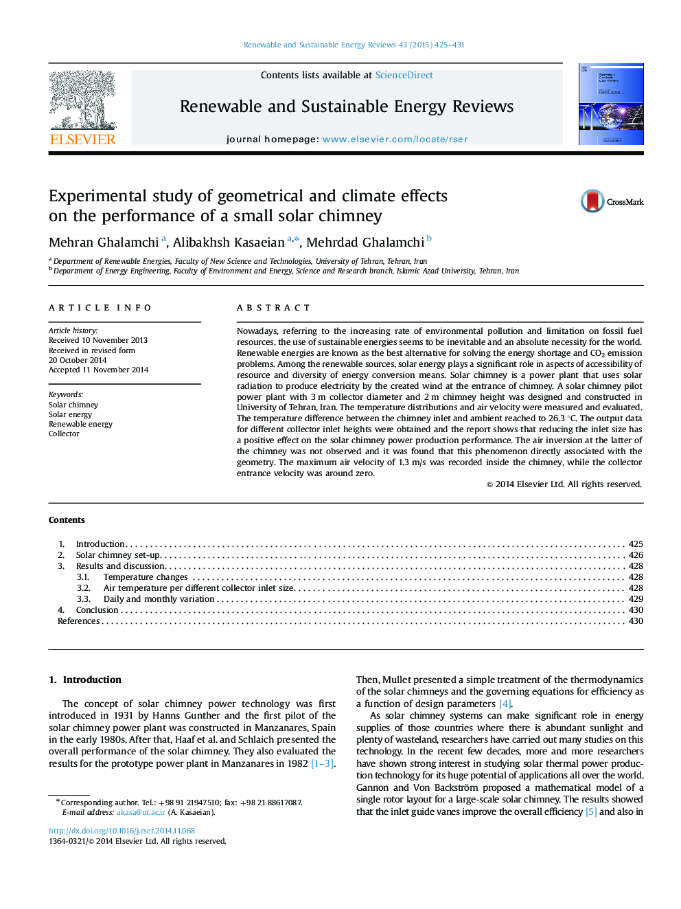 Experimental study of geometrical and climate effects on the performance of a small solar chimney