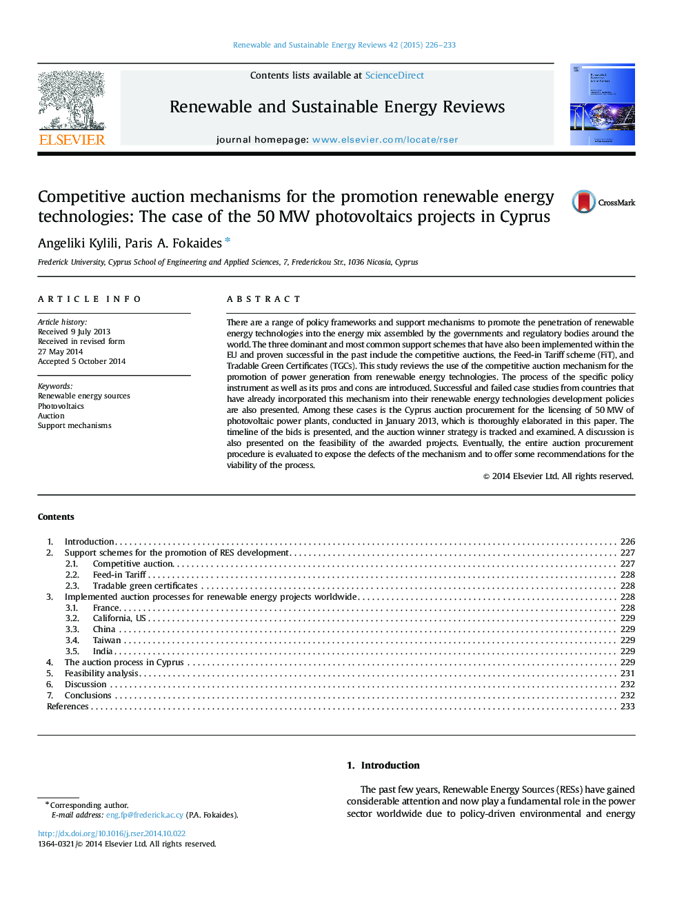 Competitive auction mechanisms for the promotion renewable energy technologies: The case of the 50Â MW photovoltaics projects in Cyprus