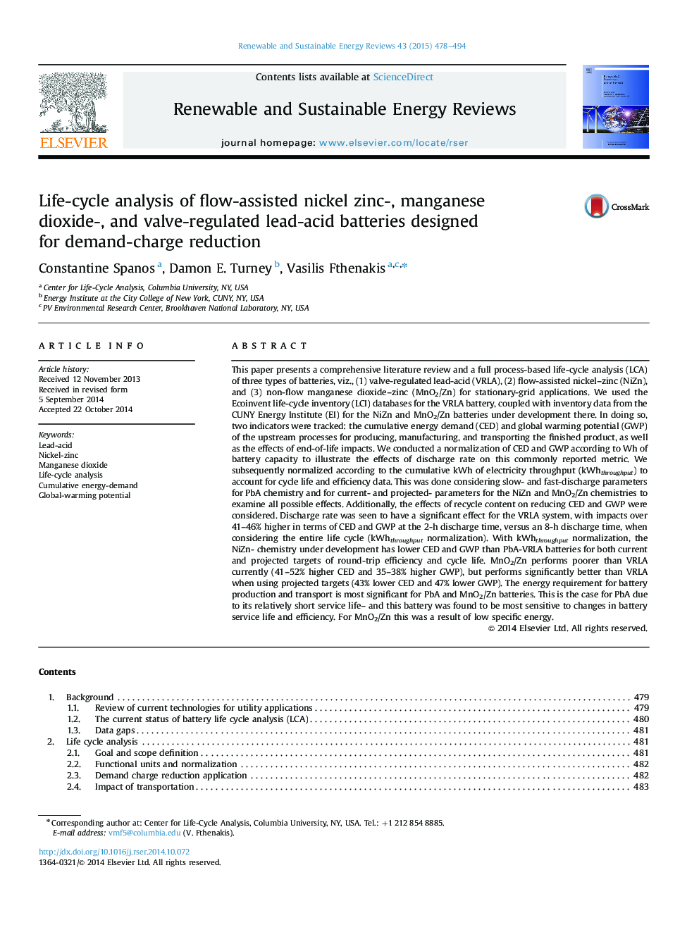 Life-cycle analysis of flow-assisted nickel zinc-, manganese dioxide-, and valve-regulated lead-acid batteries designed for demand-charge reduction