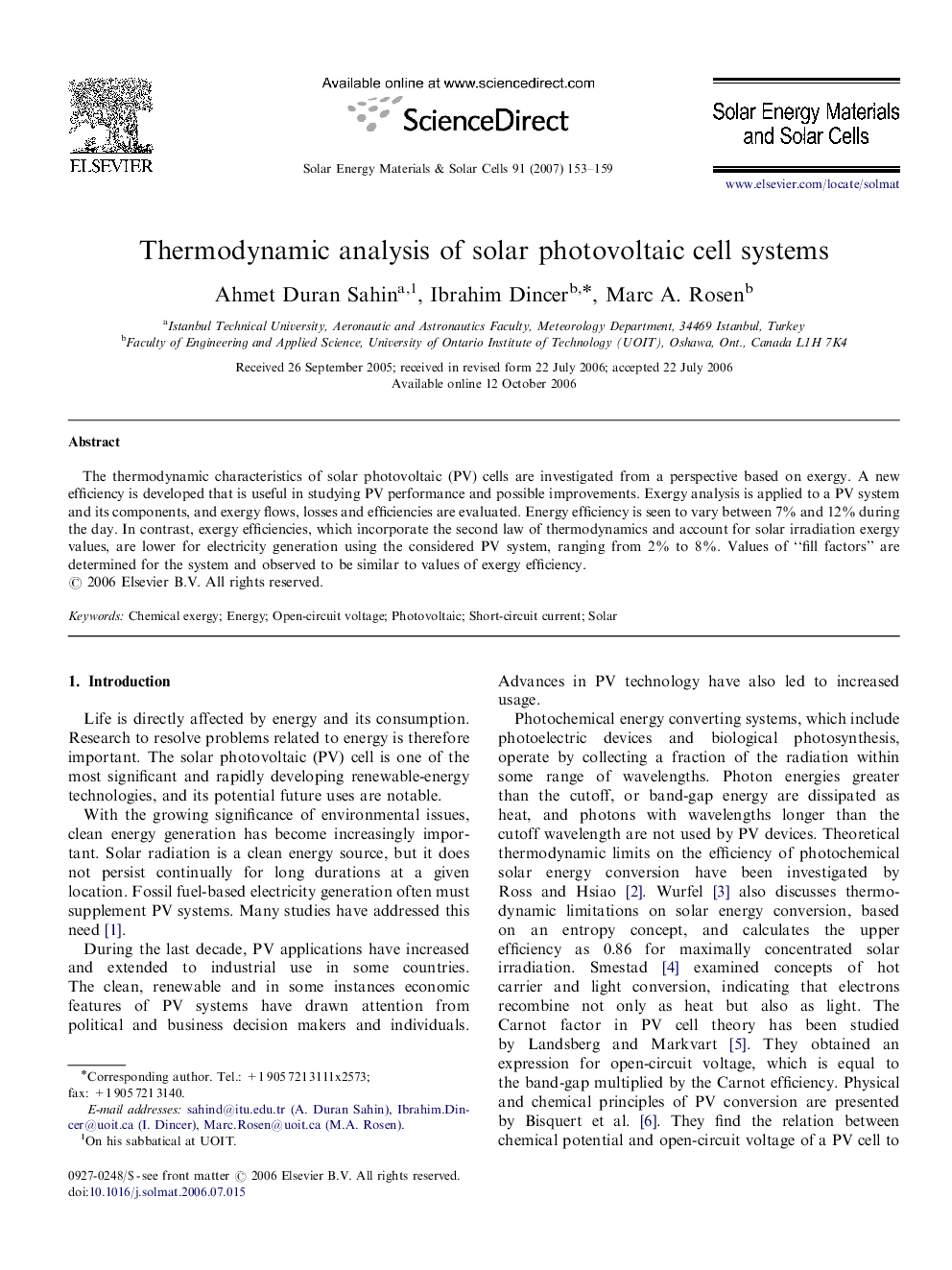 Thermodynamic analysis of solar photovoltaic cell systems