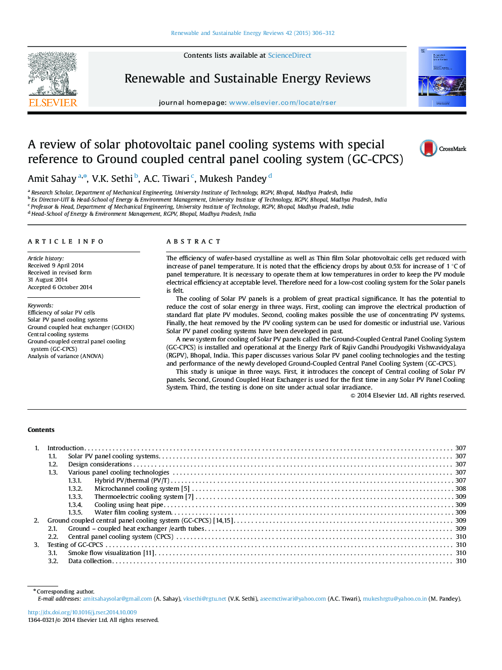 A review of solar photovoltaic panel cooling systems with special reference to Ground coupled central panel cooling system (GC-CPCS)