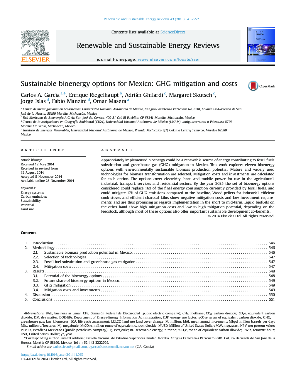 Sustainable bioenergy options for Mexico: GHG mitigation and costs