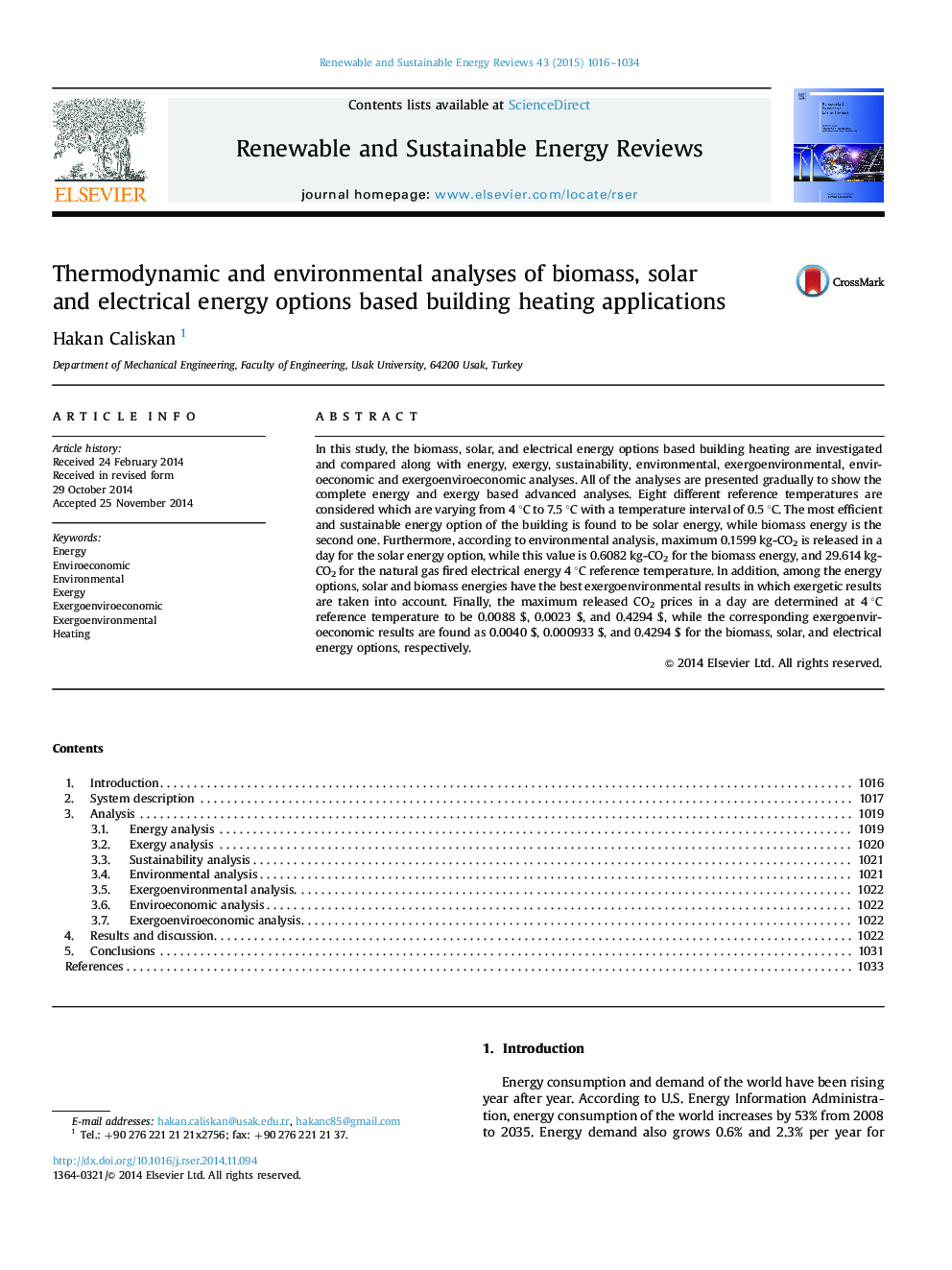تجزیه و تحلیل ترمودینامیکی و محیط زیست از گزینه های انرژی زیست توده، انرژی خورشیدی و انرژی بر اساس ساختمان های گرمایش ساختمان 