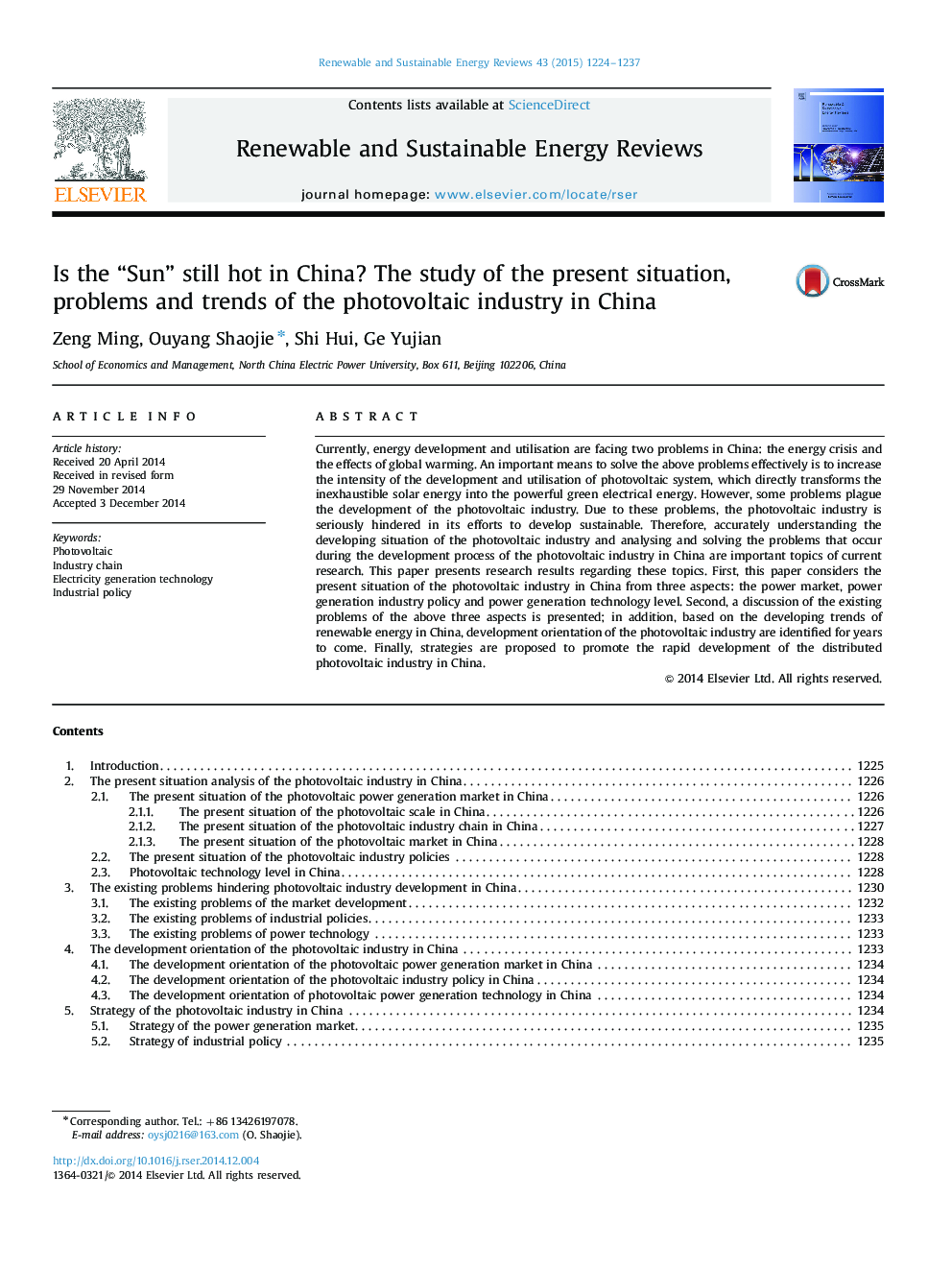 Is the “Sun” still hot in China? The study of the present situation, problems and trends of the photovoltaic industry in China