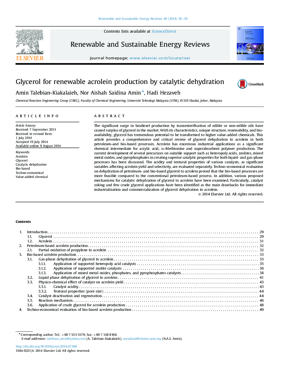 Glycerol for renewable acrolein production by catalytic dehydration