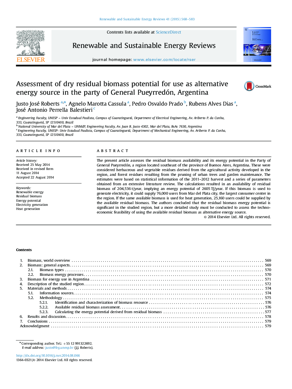 Assessment of dry residual biomass potential for use as alternative energy source in the party of General Pueyrredón, Argentina