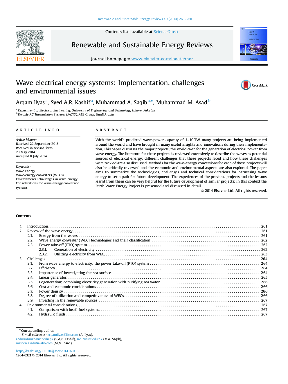 Wave electrical energy systems: Implementation, challenges and environmental issues