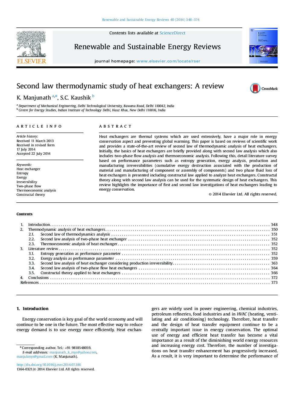 Second law thermodynamic study of heat exchangers: A review