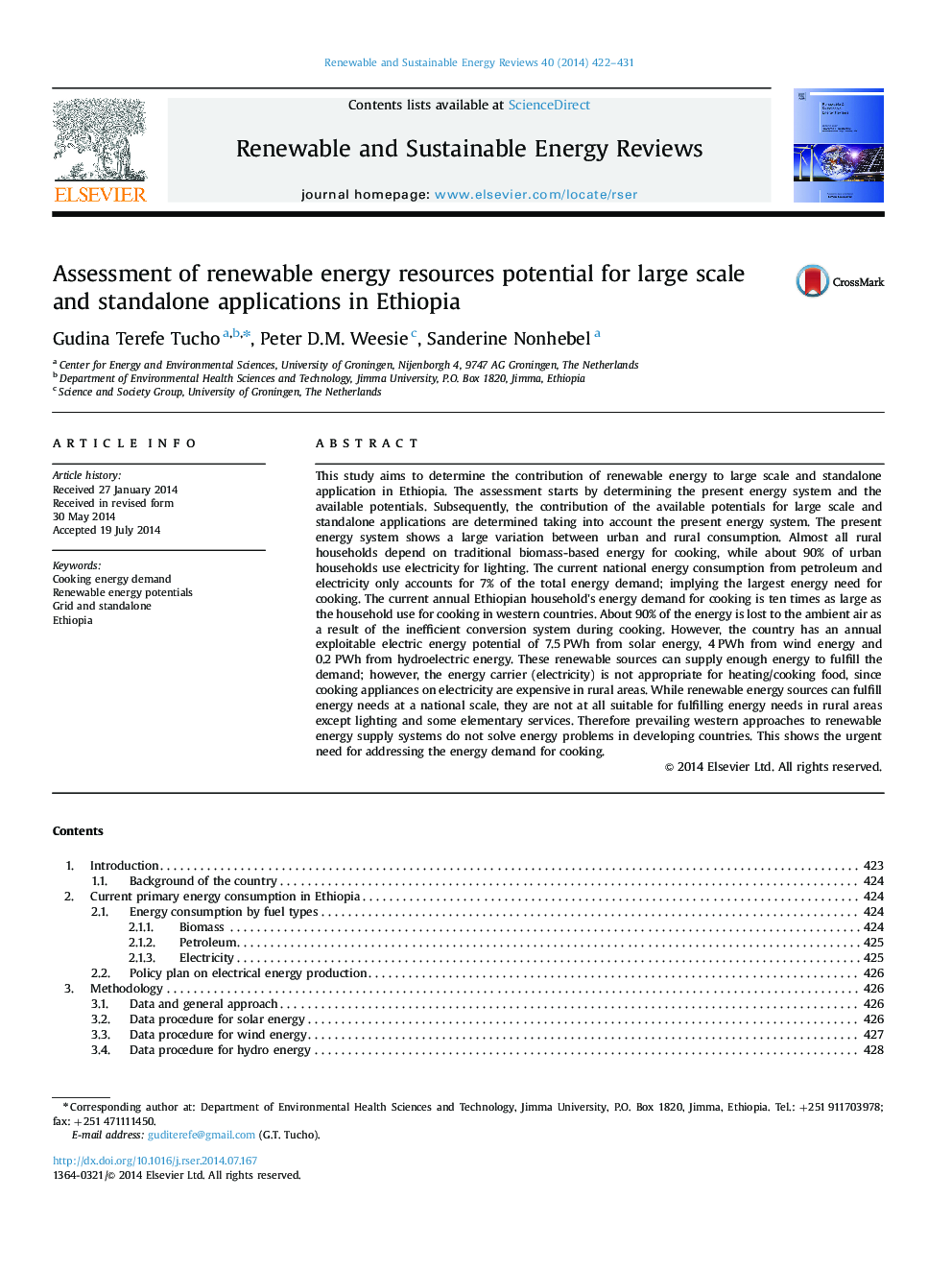Assessment of renewable energy resources potential for large scale and standalone applications in Ethiopia