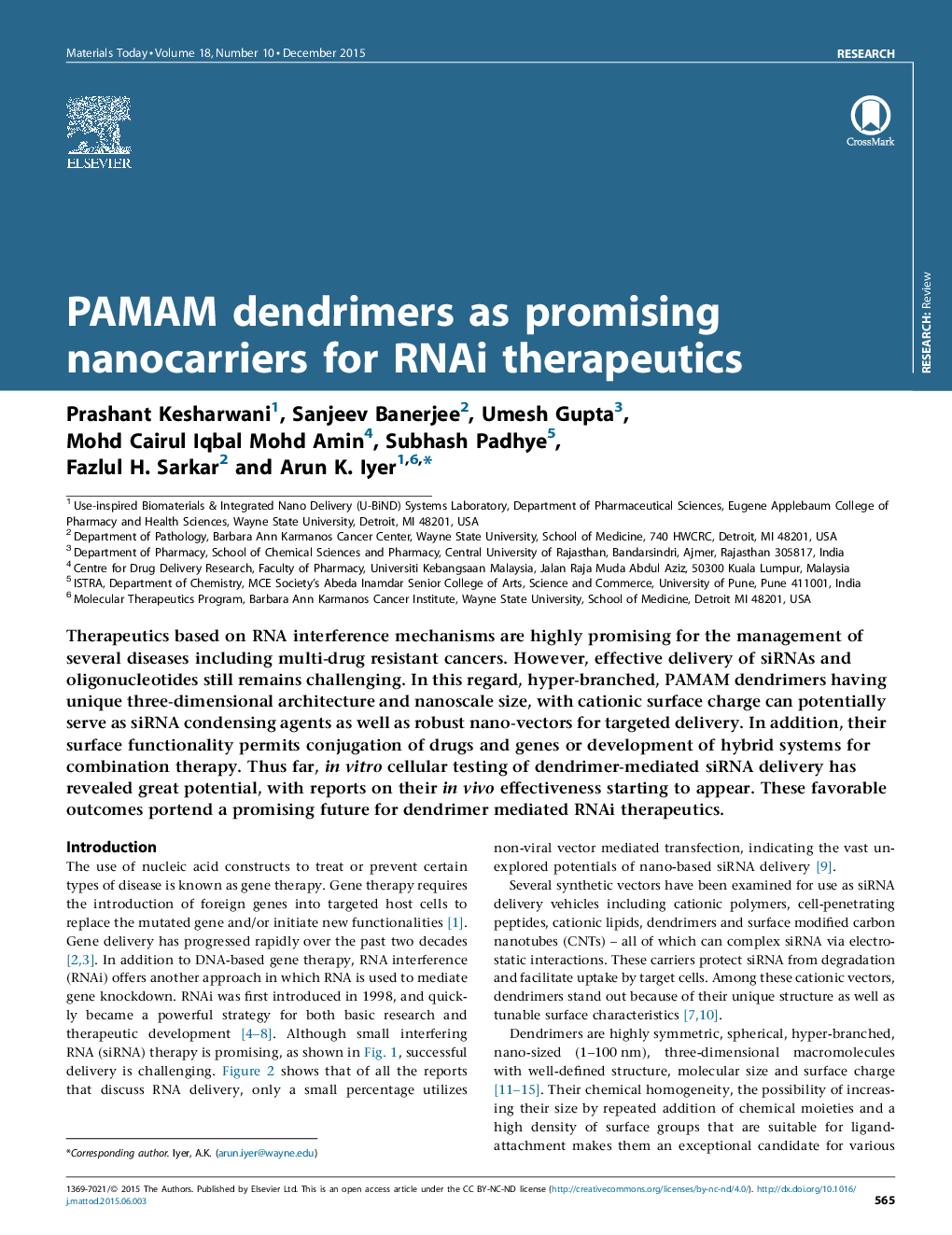 PAMAM dendrimers as promising nanocarriers for RNAi therapeutics