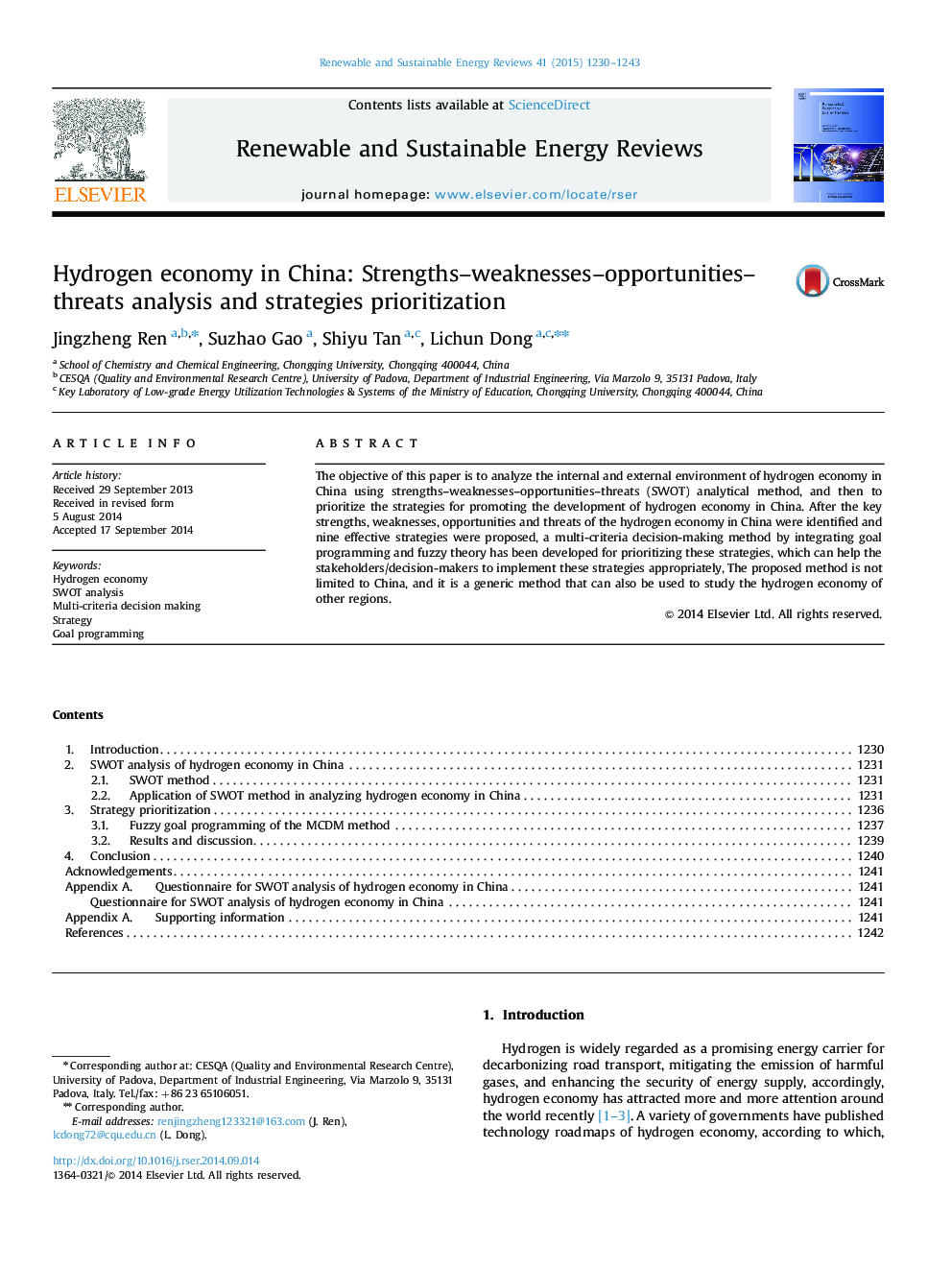 Hydrogen economy in China: Strengths-weaknesses-opportunities-threats analysis and strategies prioritization