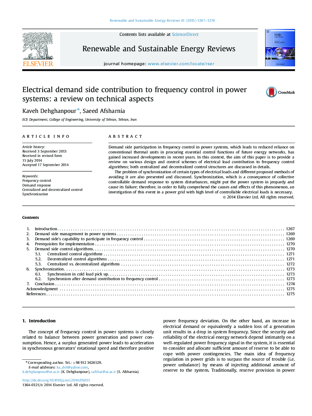 Electrical demand side contribution to frequency control in power systems: a review on technical aspects