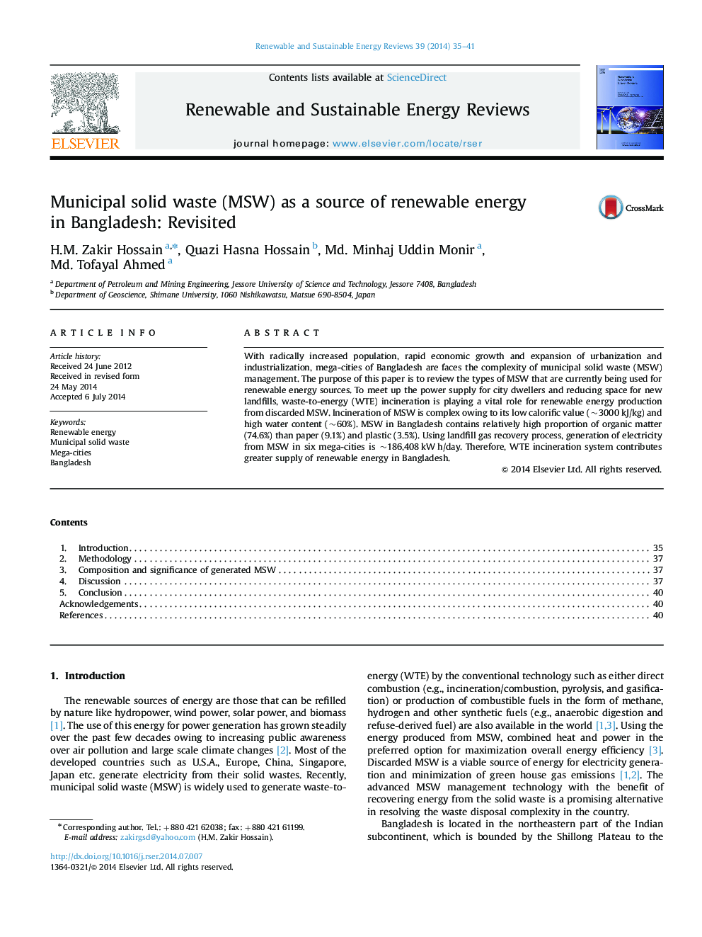 Municipal solid waste (MSW) as a source of renewable energy in Bangladesh: Revisited