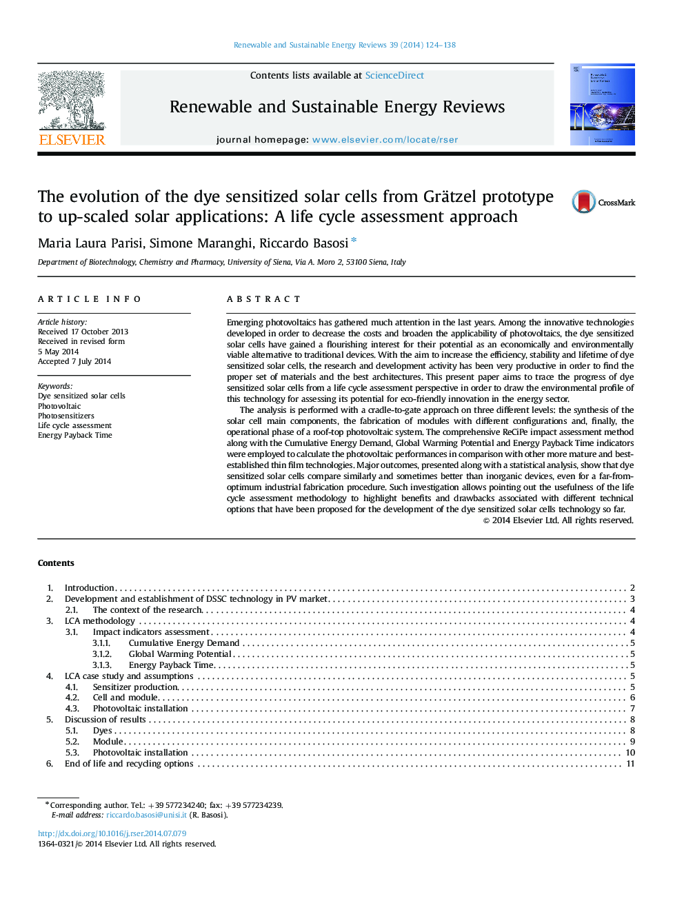 عکس صفحه اول مقاله: The evolution of the dye sensitized solar cells from Grätzel prototype to up-scaled solar applications: A life cycle assessment approach The evolution of the dye sensitized solar cells from Grätzel prototype to up-scaled solar applications: A life cycle assessment approach