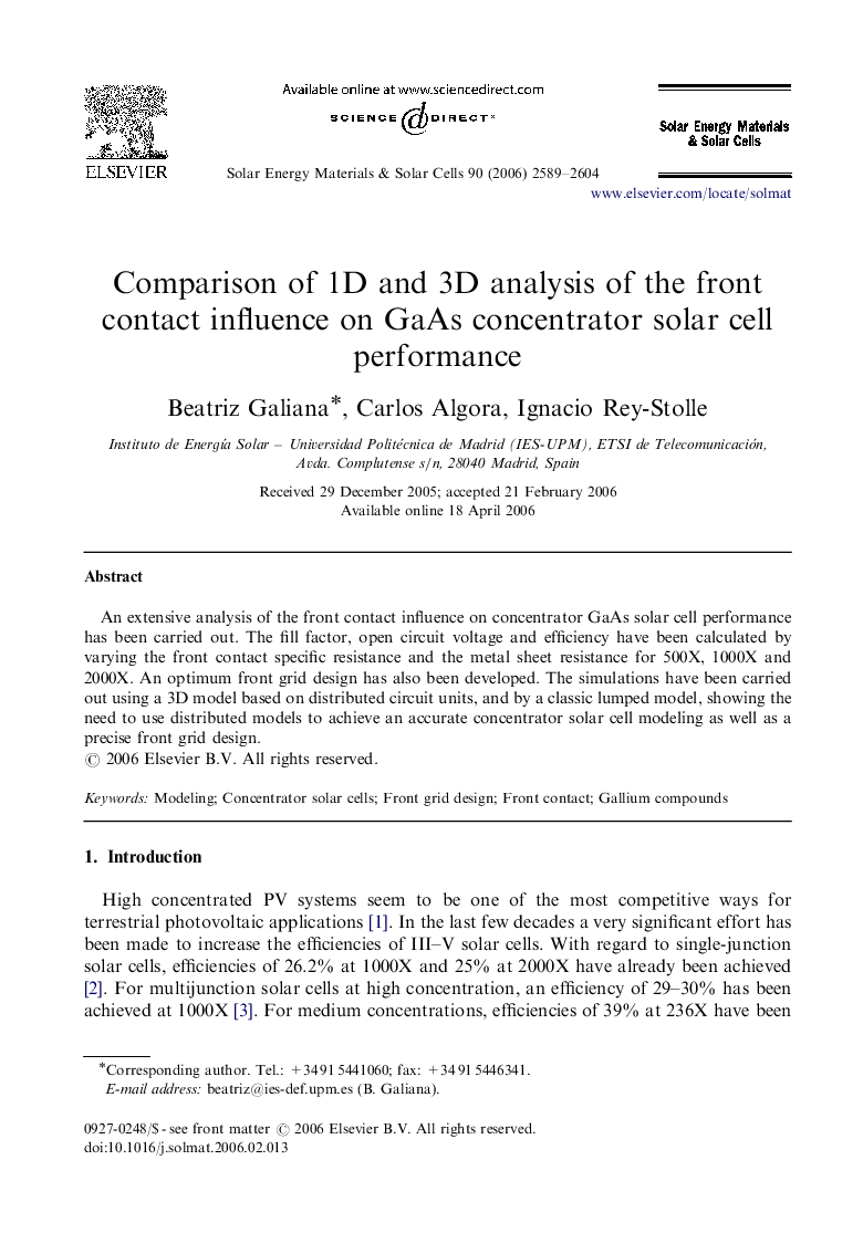 Comparison of 1D and 3D analysis of the front contact influence on GaAs concentrator solar cell performance