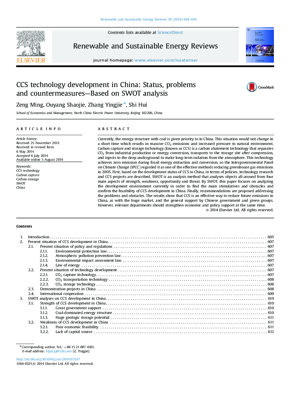 عکس صفحه اول مقاله: CCS technology development in China: Status, problems and countermeasures-Based on SWOT analysis CCS technology development in China: Status, problems and countermeasures-Based on SWOT analysis