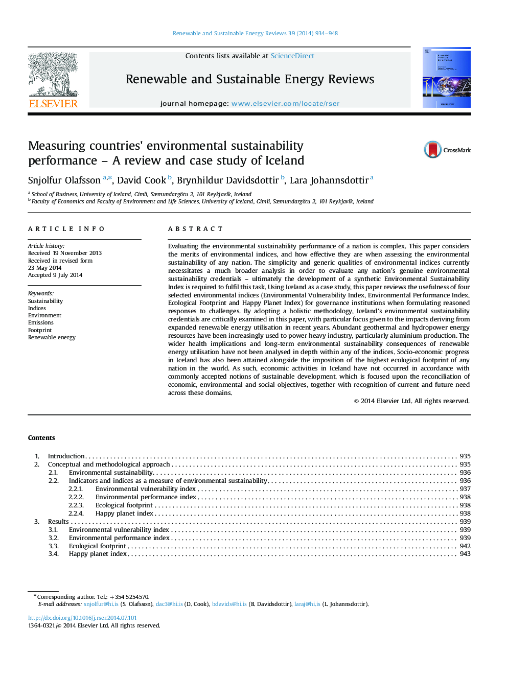 Measuring countries×³ environmental sustainability performance - A review and case study of Iceland