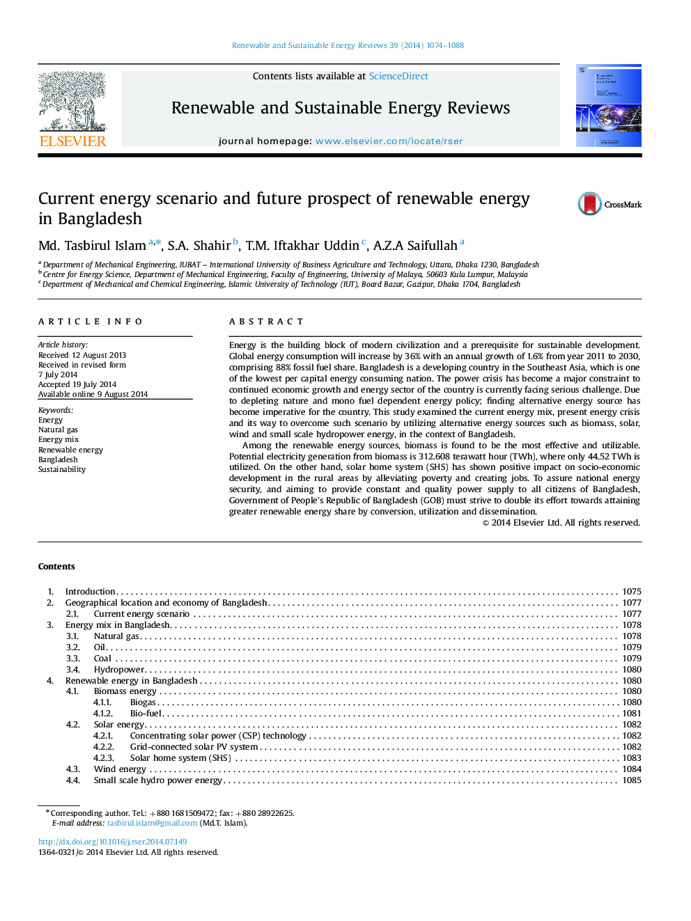 Current energy scenario and future prospect of renewable energy in Bangladesh