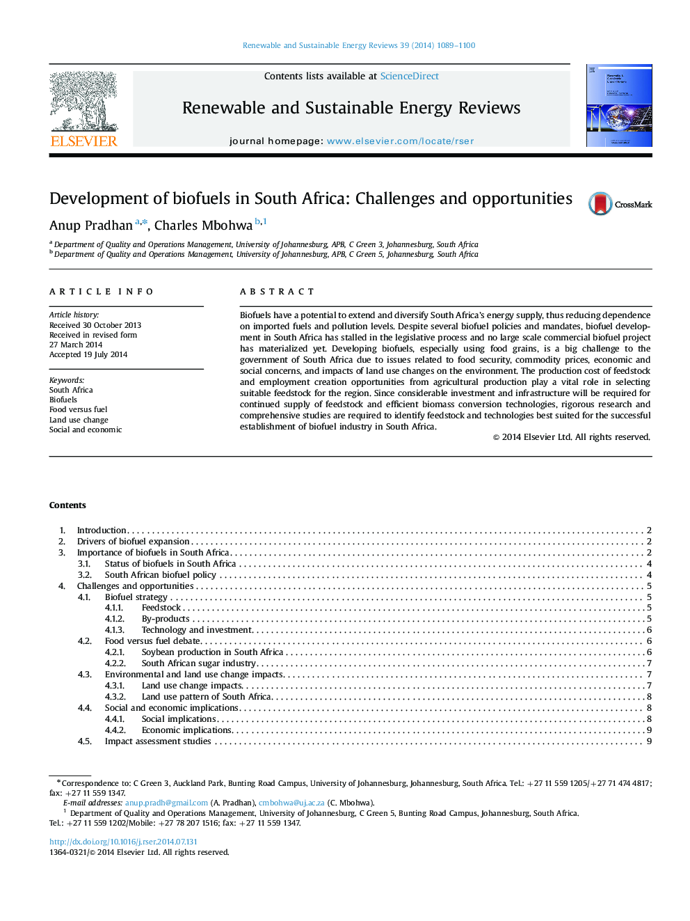 Development of biofuels in South Africa: Challenges and opportunities