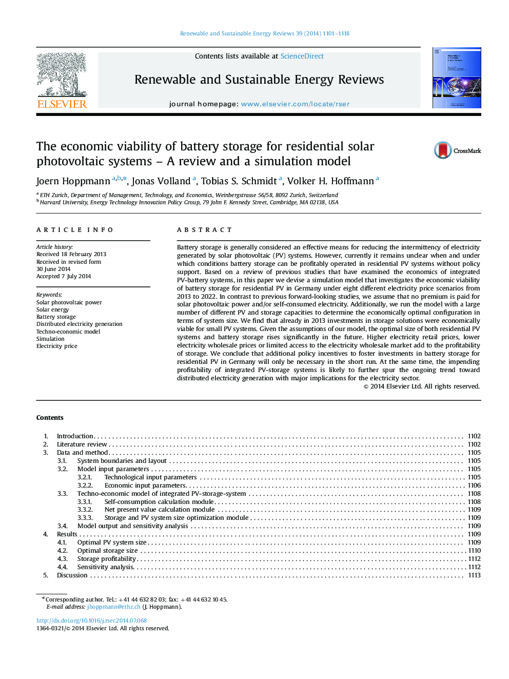 The economic viability of battery storage for residential solar photovoltaic systems - A review and a simulation model