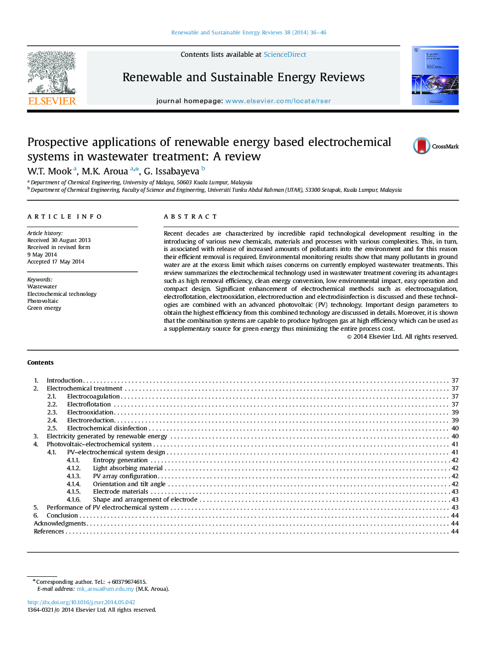 Prospective applications of renewable energy based electrochemical systems in wastewater treatment: A review