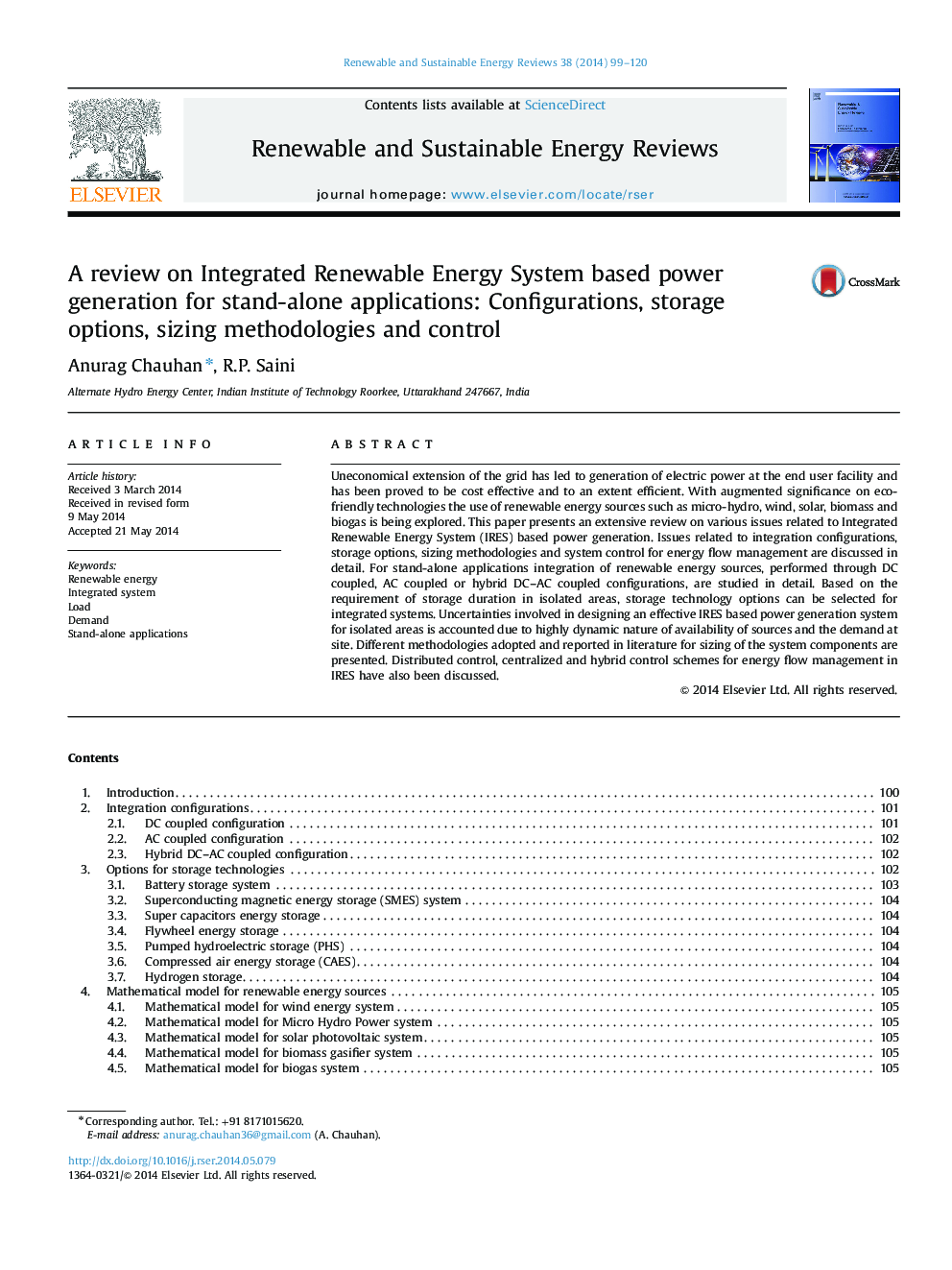 A review on Integrated Renewable Energy System based power generation for stand-alone applications: Configurations, storage options, sizing methodologies and control