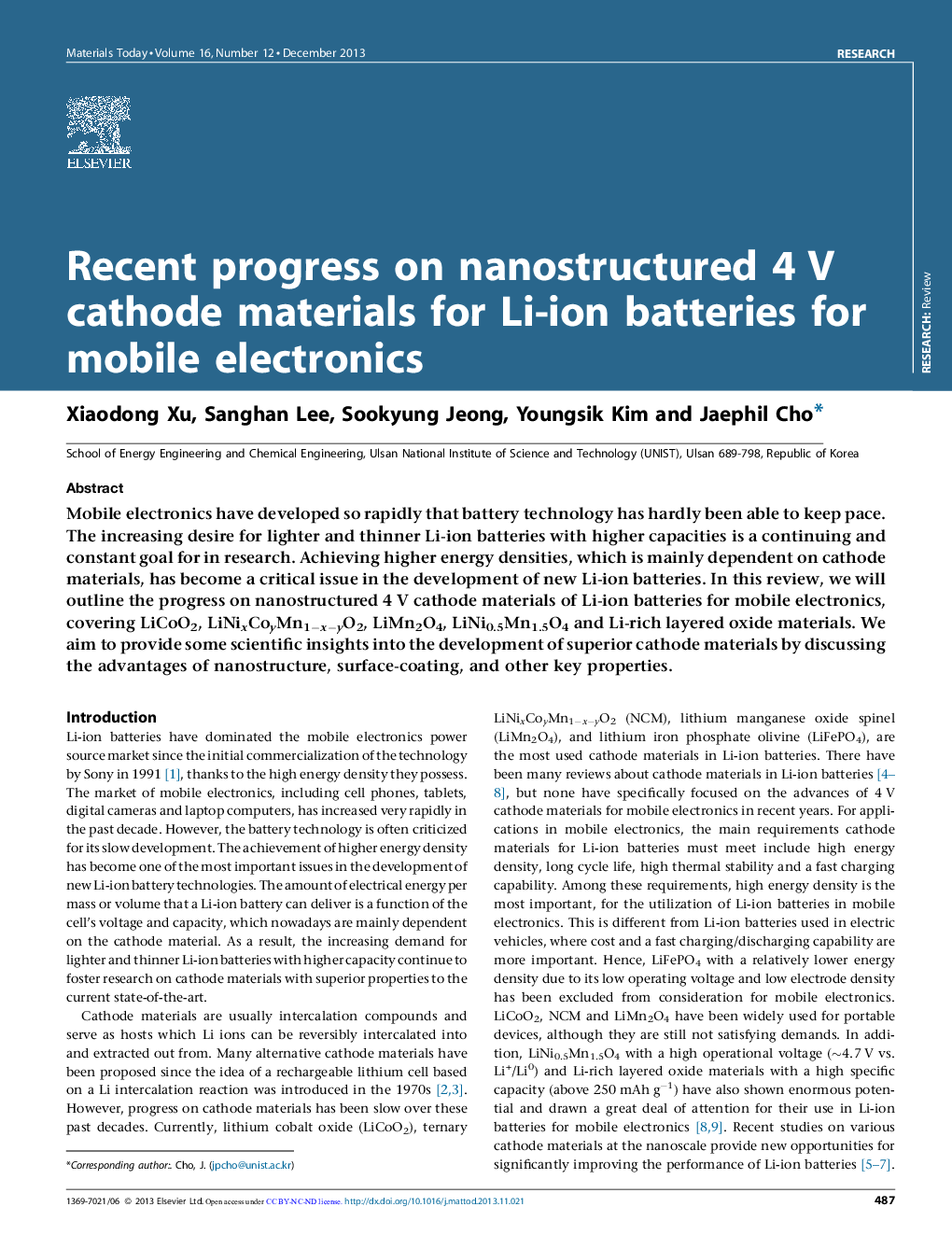 Recent progress on nanostructured 4 V cathode materials for Li-ion batteries for mobile electronics