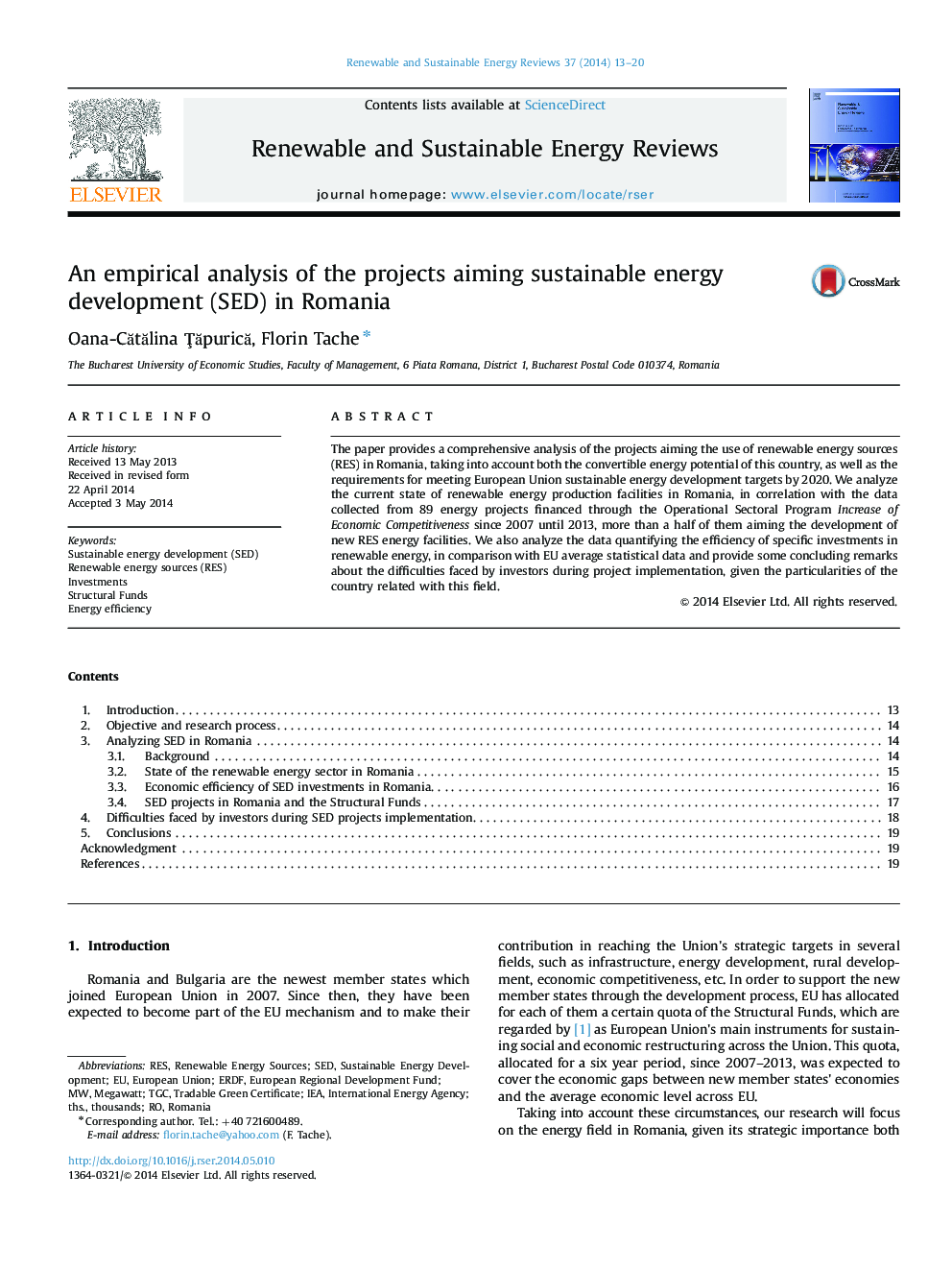 An empirical analysis of the projects aiming sustainable energy development (SED) in Romania