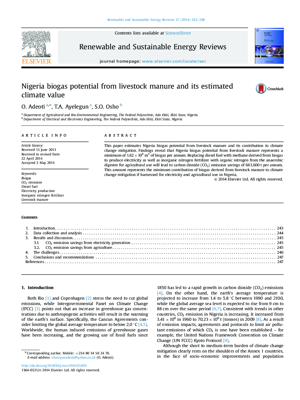 Nigeria biogas potential from livestock manure and its estimated climate value