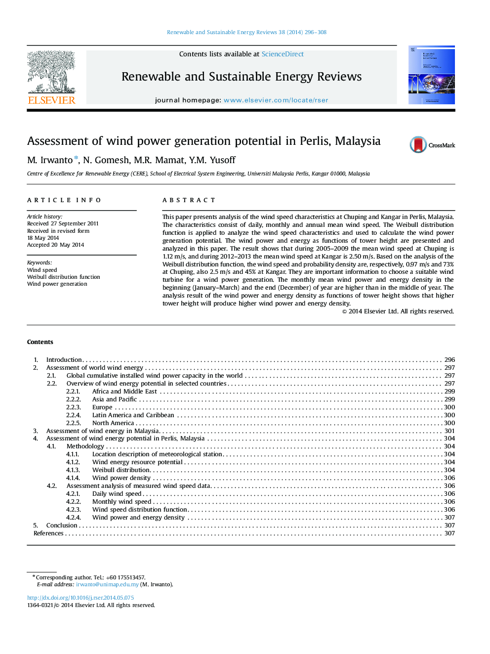 Assessment of wind power generation potential in Perlis, Malaysia