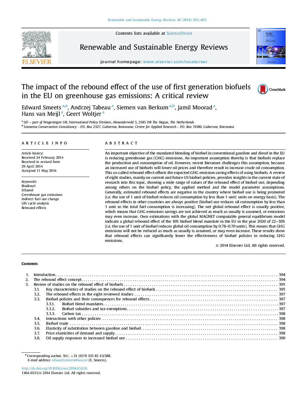 The impact of the rebound effect of the use of first generation biofuels in the EU on greenhouse gas emissions: A critical review