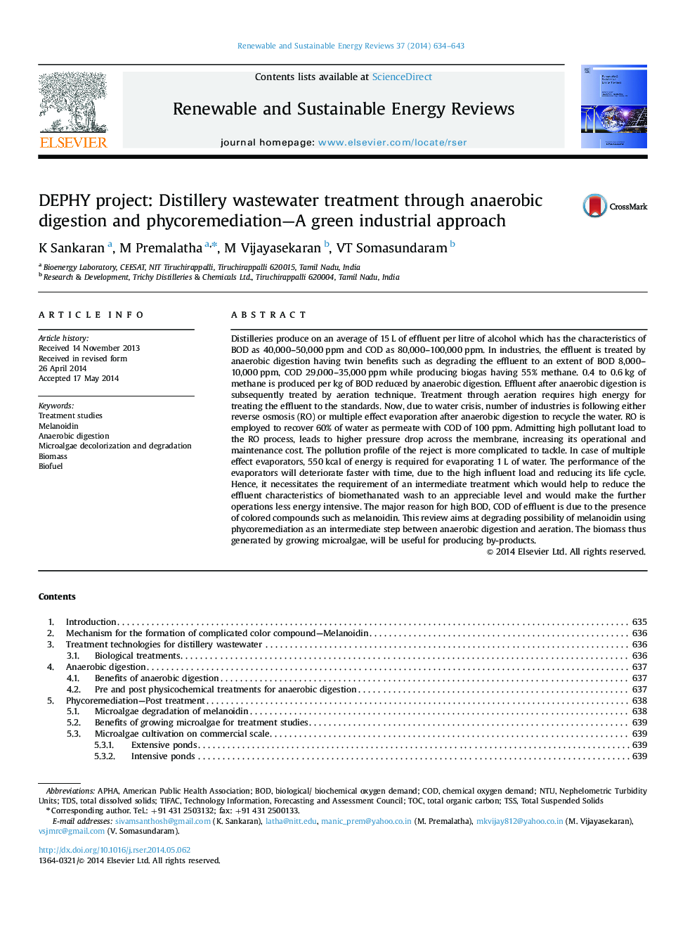 DEPHY project: Distillery wastewater treatment through anaerobic digestion and phycoremediation-A green industrial approach