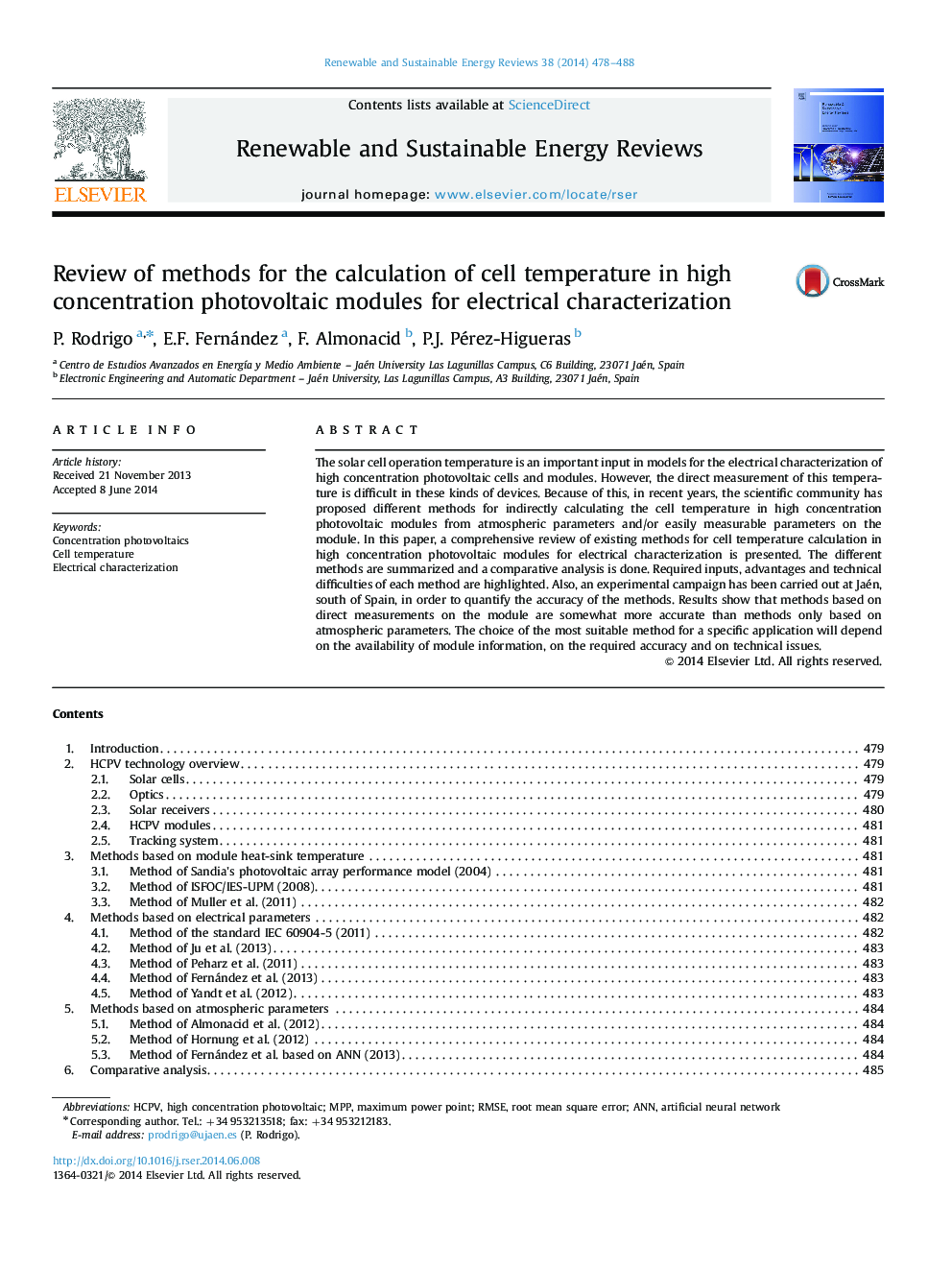 Review of methods for the calculation of cell temperature in high concentration photovoltaic modules for electrical characterization