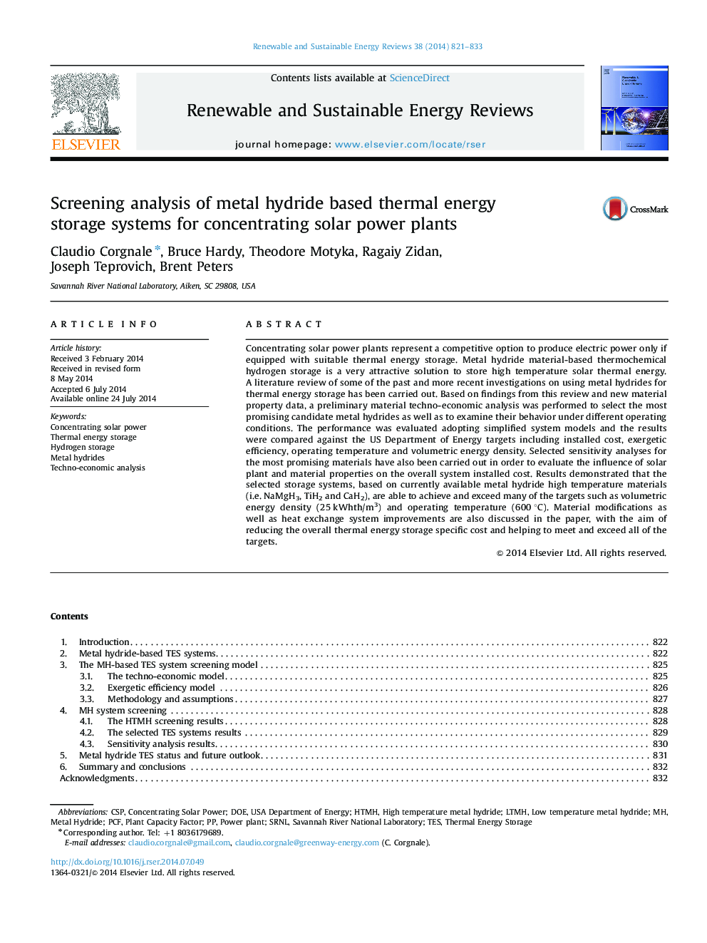 Screening analysis of metal hydride based thermal energy storage systems for concentrating solar power plants