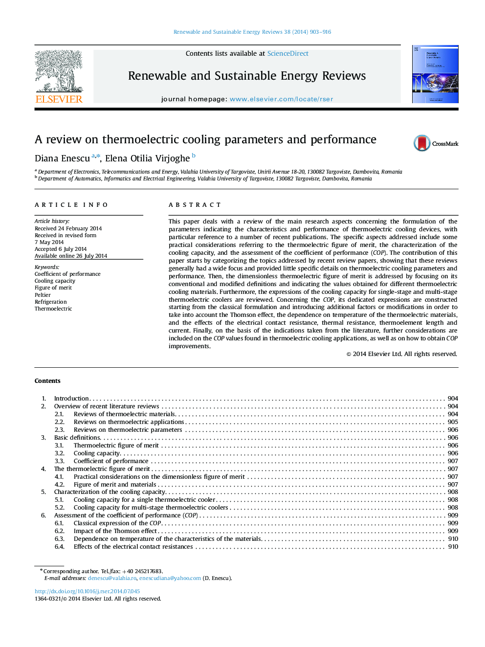 A review on thermoelectric cooling parameters and performance