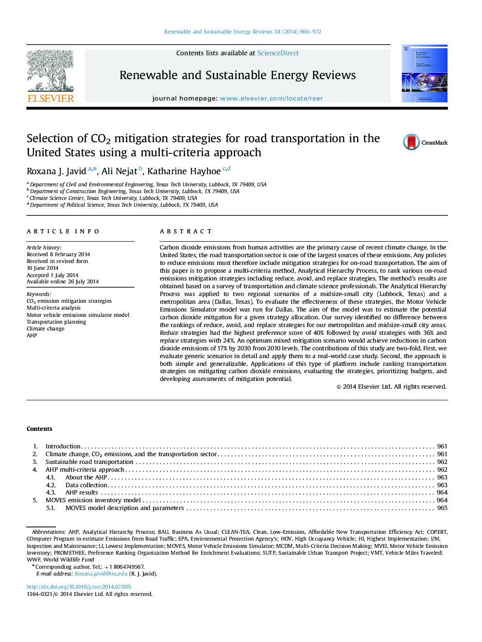 Selection of CO2 mitigation strategies for road transportation in the United States using a multi-criteria approach