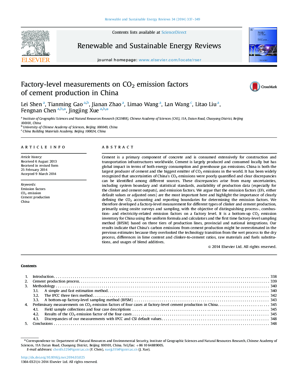Factory-level measurements on CO2 emission factors of cement production in China