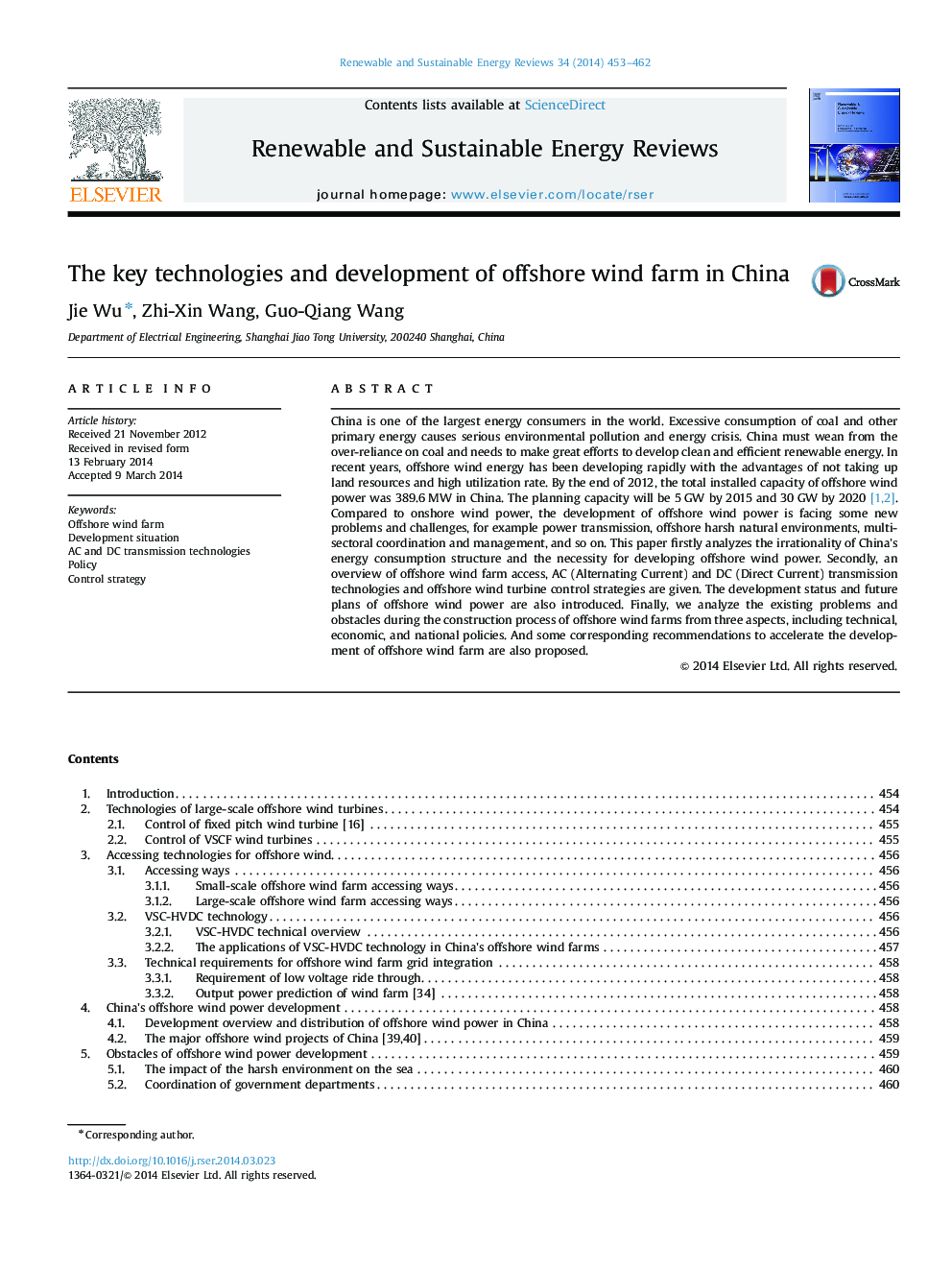 The key technologies and development of offshore wind farm in China