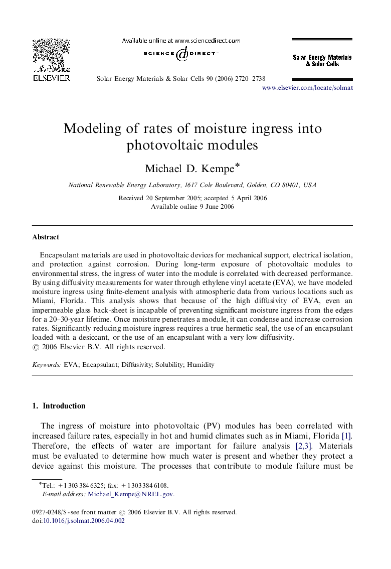 Modeling of rates of moisture ingress into photovoltaic modules