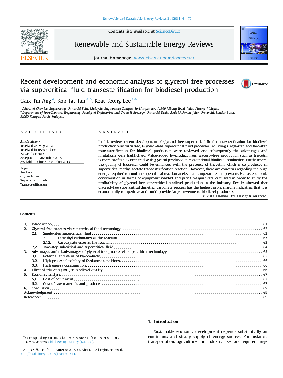 Recent development and economic analysis of glycerol-free processes via supercritical fluid transesterification for biodiesel production