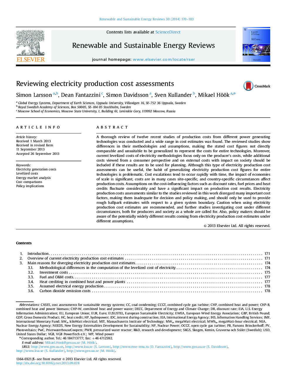 Reviewing electricity production cost assessments