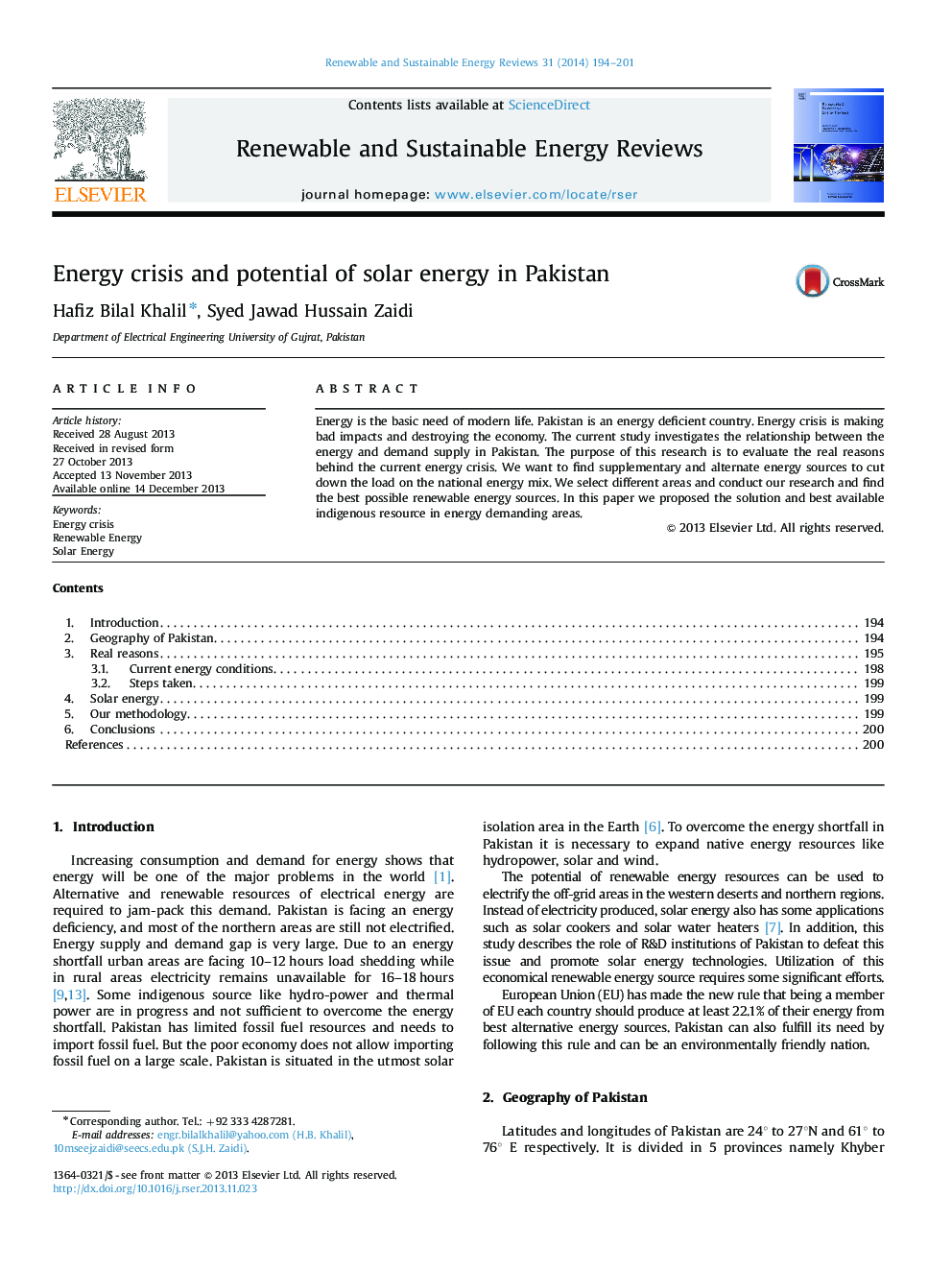 Energy crisis and potential of solar energy in Pakistan