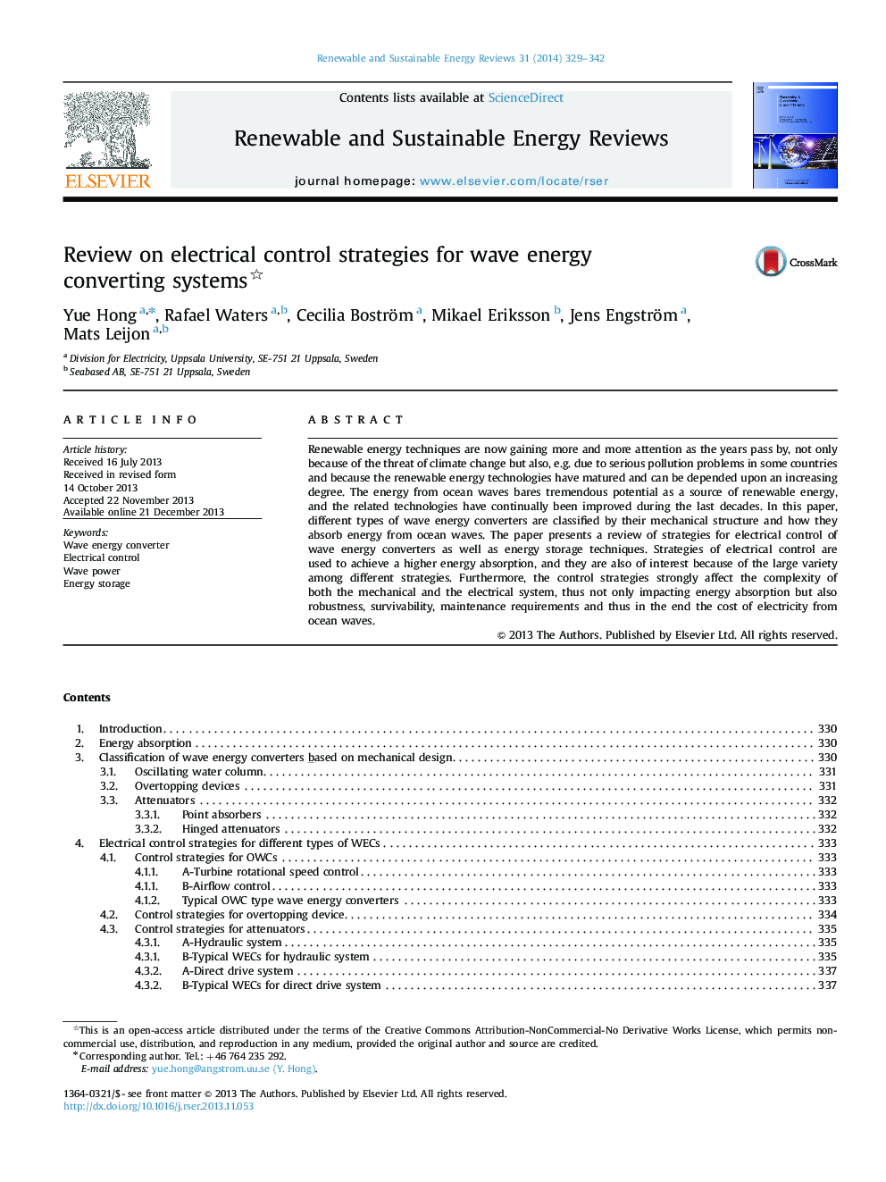 Review on electrical control strategies for wave energy converting systems