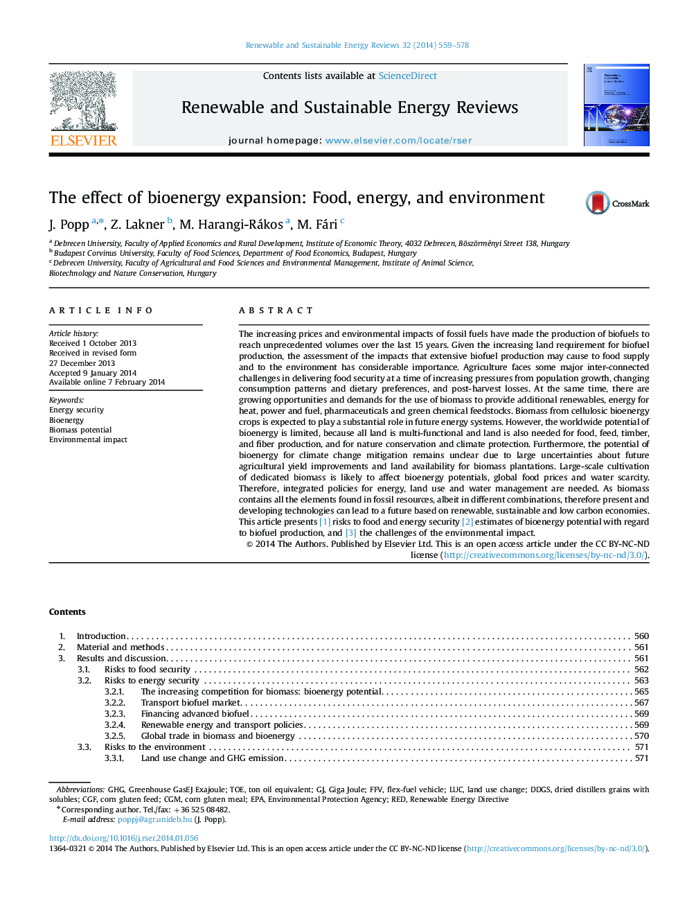 The effect of bioenergy expansion: Food, energy, and environment
