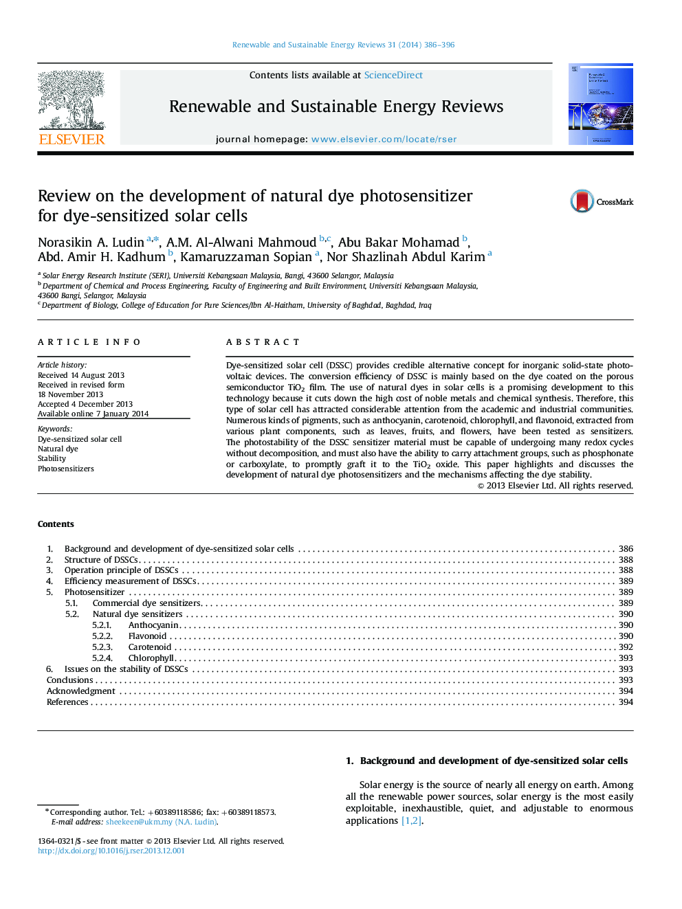 Review on the development of natural dye photosensitizer for dye-sensitized solar cells