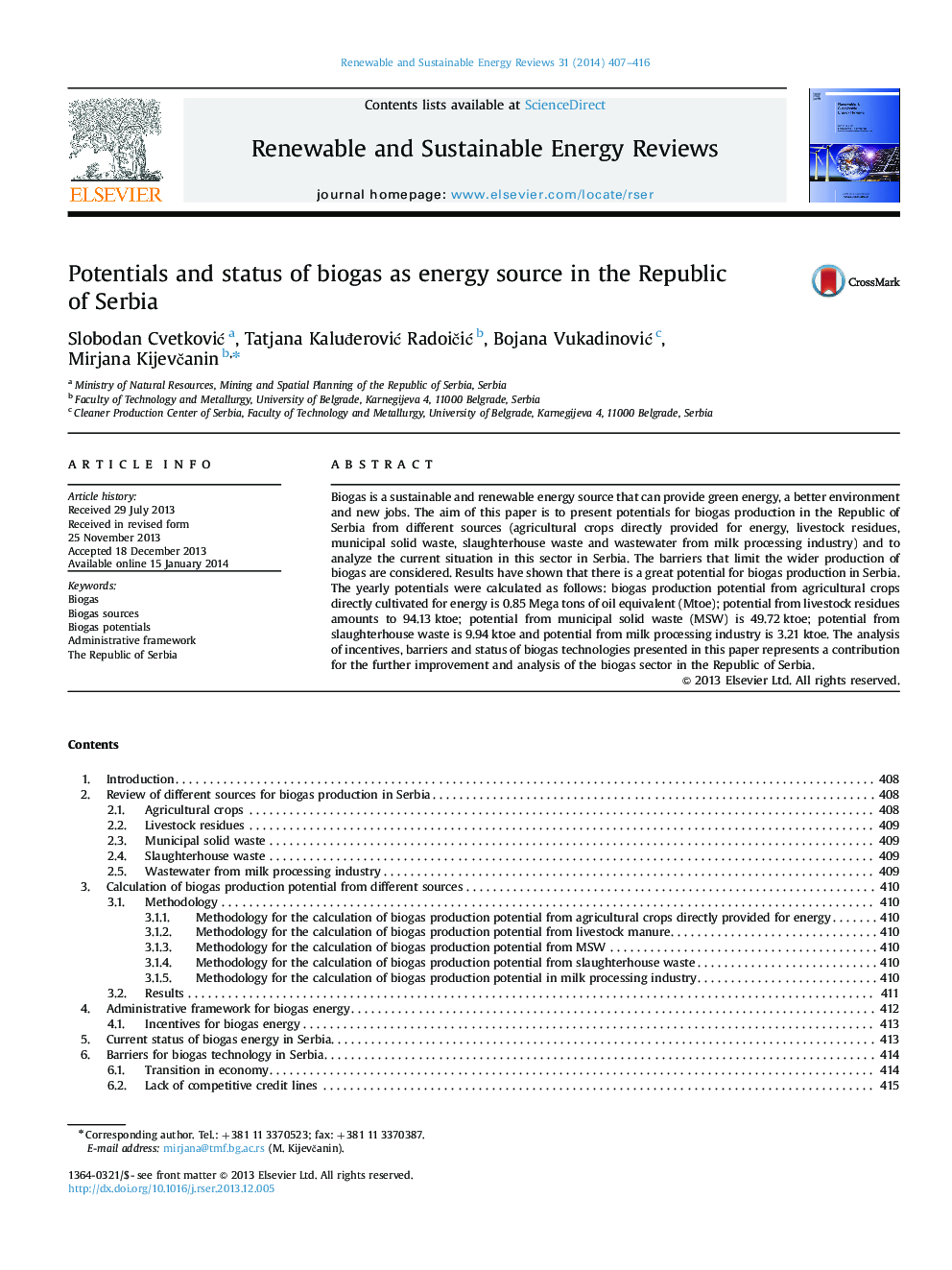 Potentials and status of biogas as energy source in the Republic of Serbia