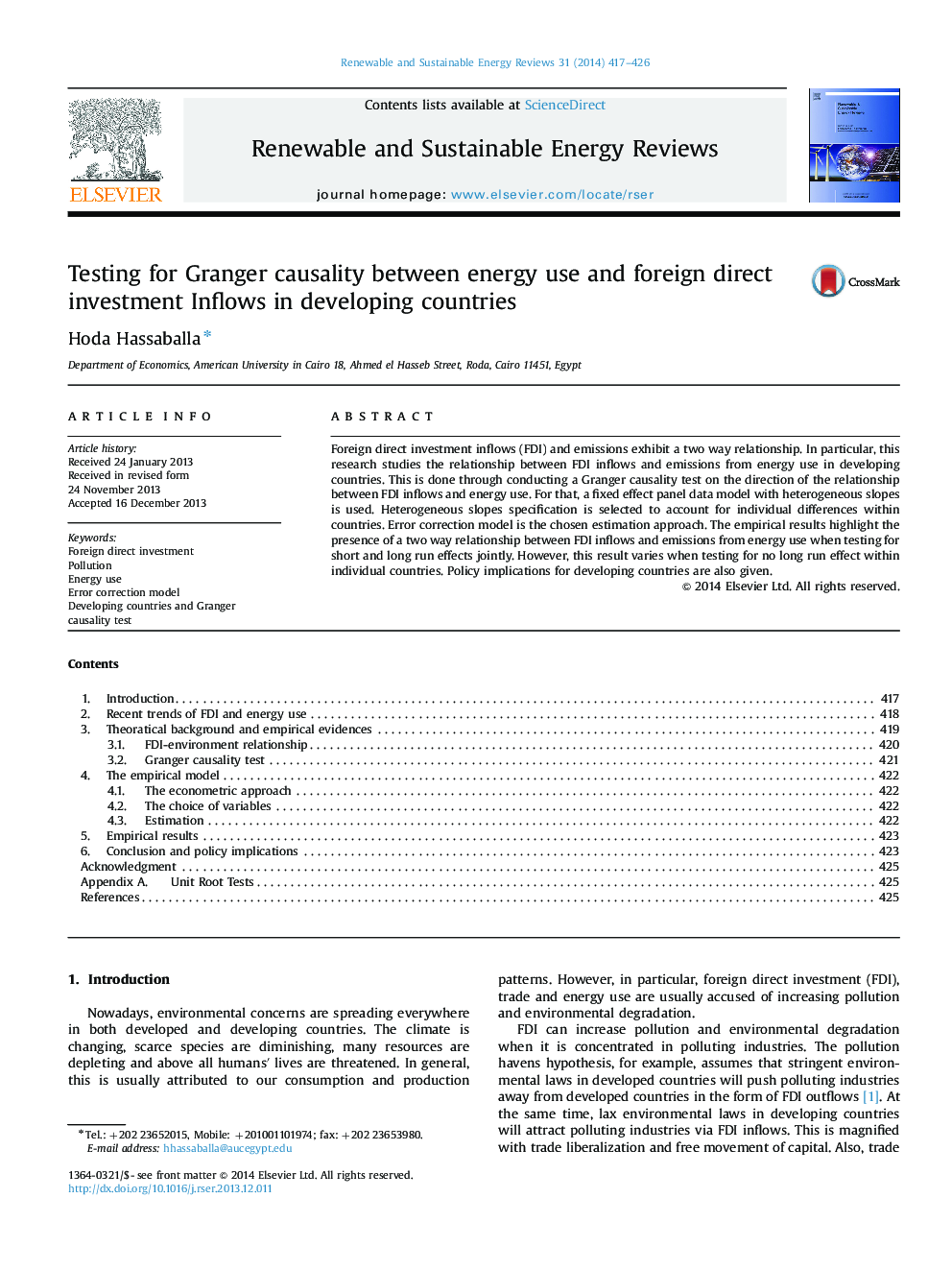 Testing for Granger causality between energy use and foreign direct investment Inflows in developing countries